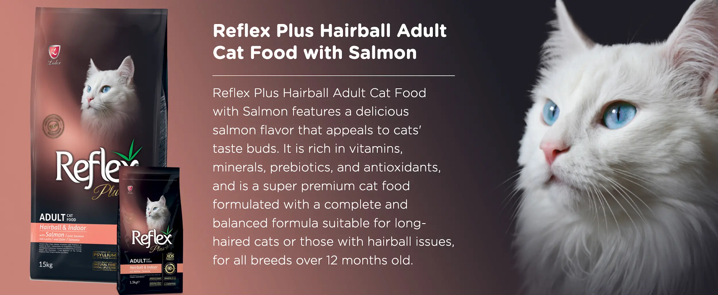 Reflex Plus 1.5kg Hairball & Indoor Salmon Dry Cat Food summary